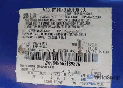 2006 Ford Mustang V6 из США, поврежденный, VIN 1ZVFT84N665189896